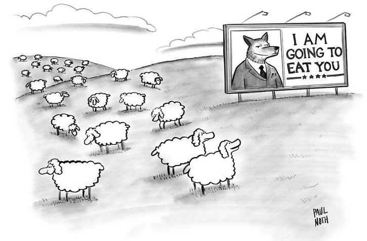 Wolf on billboard surrounded by sheep