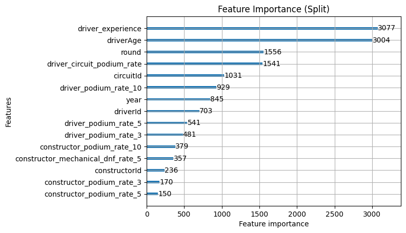 Driver profile feature importance by split